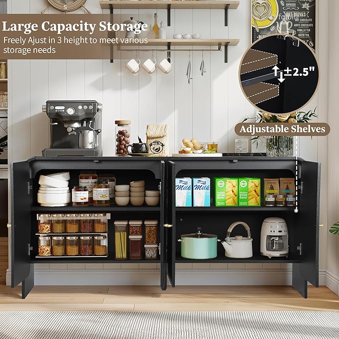 Fluted Sideboard Buffet Cabinet with Storage, 59'' Curved Buffet Cabinet with 4 Doors & Shleves, Modern Credenza Wood Coffee Bar Table Console for Dining Room Kitchen Living Room Entryway, Black
