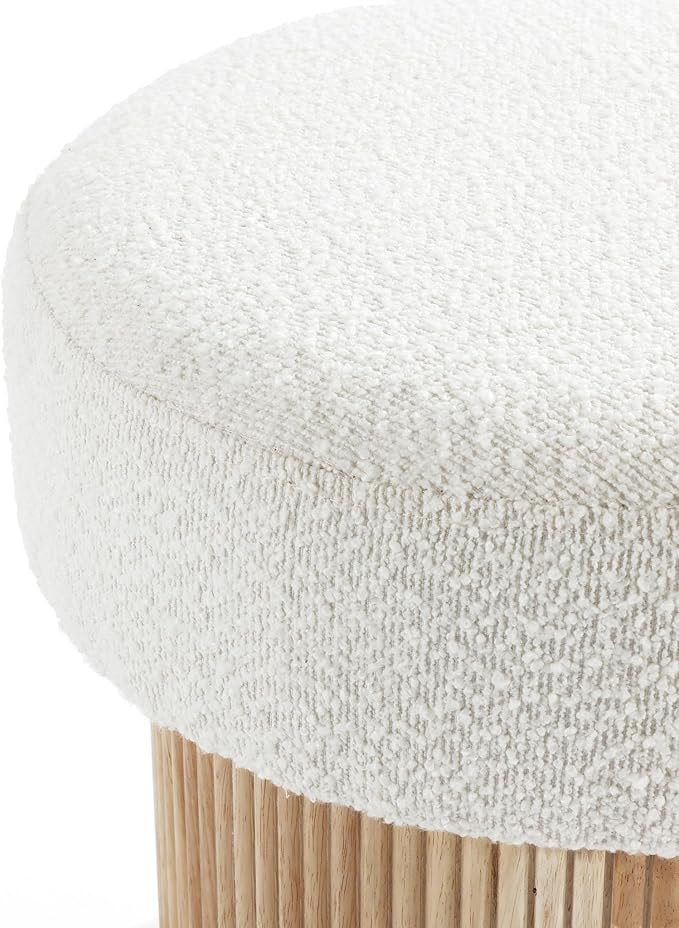 LuxenHome Storage Ottoman, 15.5"W x 15.5"H Modern Upholstered Padded Ivory Footstool with Storage and Wood Fluted Base, Accent Small Table, Footrest Vanity Stool for Living Room, Bedroom, Small Space