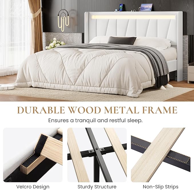 SHA CERLIN Full Size Bed Frame with Charging Station and LED Lights, Modern Velvet Platform Bed with Upholstered Geometric Wingback Headboard, No Box Spring Needed, Easy Assembly, White