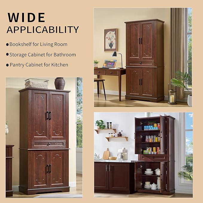 71" Tall Pantry Cabinet with Drawer and Adjustable Shelves, Modern Storage Cabinet with Doors, Kitchen Buffet Cabinet, Food Pantry Storage Cabinet, Coffee Bar, Living Room and Dining Room Cherry