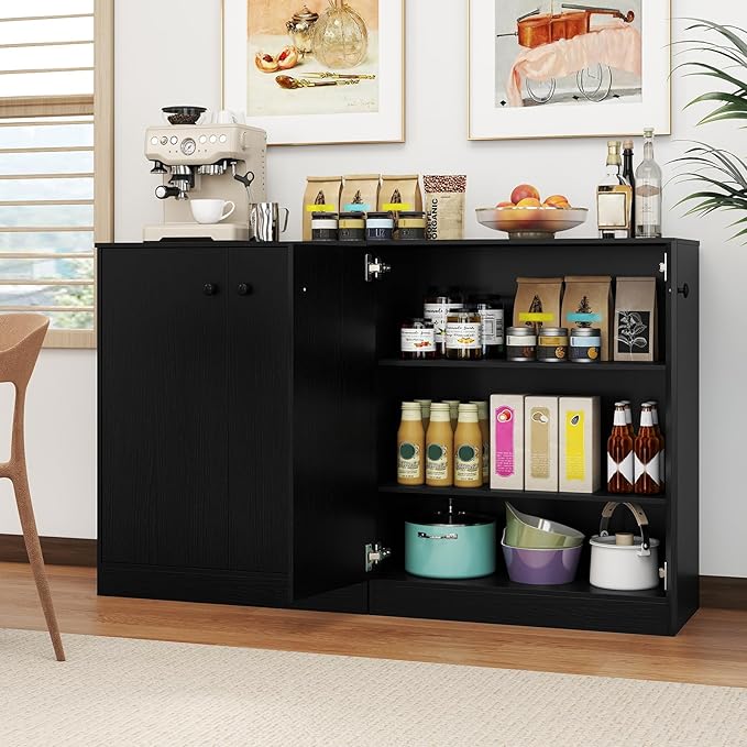 GOFLAME Floor Storage Cabinet with 2 Doors, Freestanding Accent Storage Cabinet Organizer with 3-Tier Inner Shelves, Modern Sideboard Buffet Cabinet for Kitchen, Living Room, Entryway, Black
