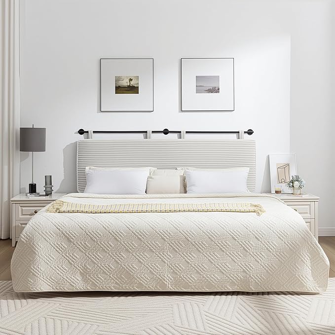 UEV Queen Headboard Only, Wall Mounted Hanging Upholstered Bed Head Board, Modern Vertical Channel Design of Fine Flannel, Elegant Beige Fluted Headboard for Bedroom (Beige, Queen Size)