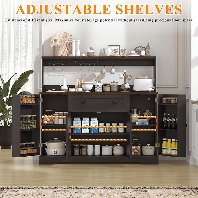 Hutch Storage Buffet Cabinet with Drawers, and Charging Station, Coffee Bar Cabinet with Barn Doors, Wine Rack and Hooks, White Wood Sideboard Buffet for Kitchen, Dining Room, 47.8" High