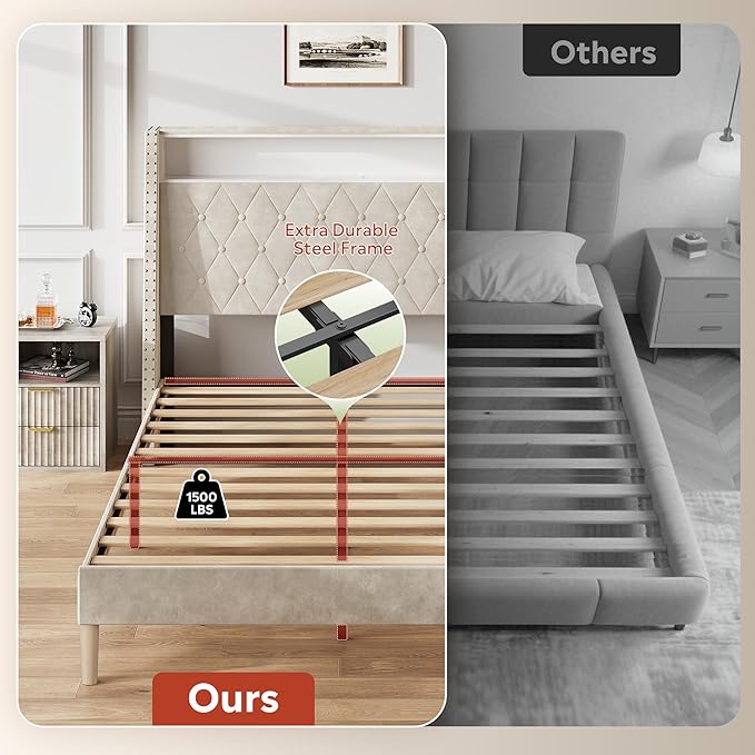 WLIVE Full Size Upholstered Bed Frame with Storage Headboard, Velvet Square Tufted Platform Bed with Charging Station, Sturdy Metal & Wooden Slats Support, No Box Spring Needed, Beige
