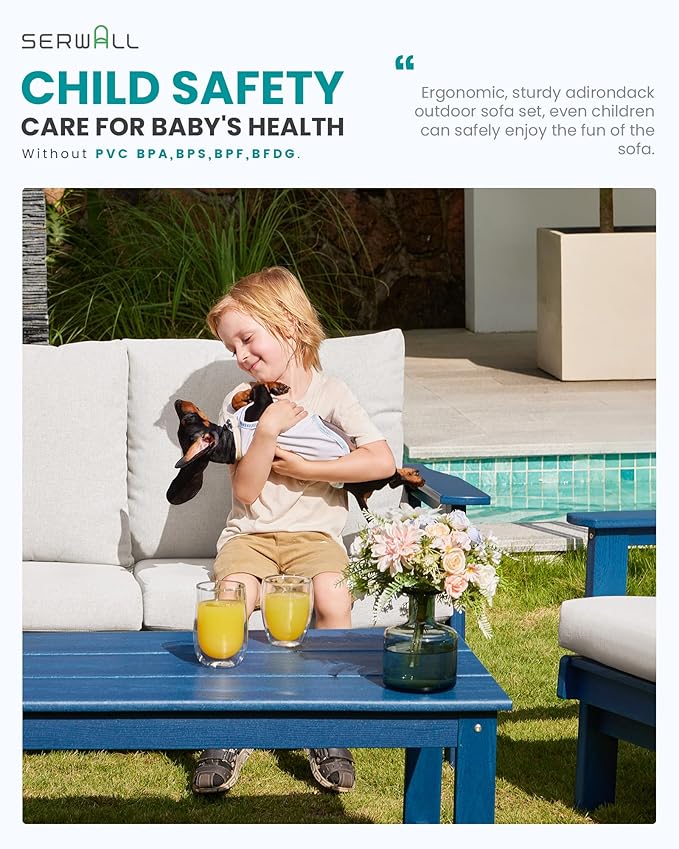 SERWALL HDPE Outdoor Couch, Blue Frame and Khaki Cushion