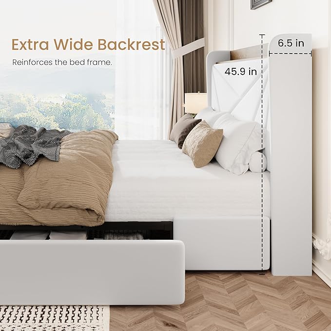 SHA CERLIN Full Size Bed Frame with 3 Drawers, USB & Type-C Charging Ports, Velvet Upholstered Platform Bed with Modern Geometric Wingback Storage Headboard, No Box Spring Needed, Easy Assembly, White