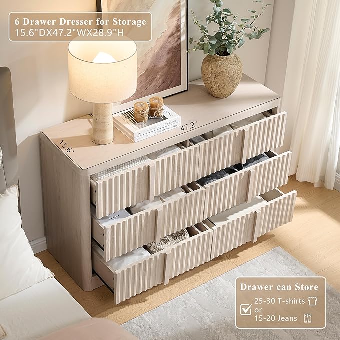 Fluted Dresser for Bedroom, 47" Wide 6 Drawer Dresser, Modern TV Stand Set, Curved Profile Design, Chest of Drawers with Solid Wood Handle for Living Room, Bedroom, Hallway