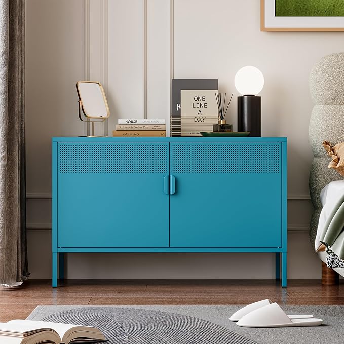Blue Metal Storage Cabinet with Doors and Shelf, 2 Door Locker Storage Cabinet for Home and Office, 2 Tier Low Metal Tv Stand Cabinet