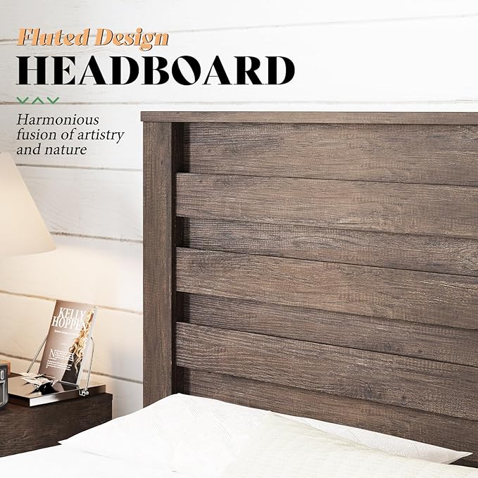 AMERLIFE Farmhouse Queen Size Bed Frame with 49" Fluted Headboard, Wood Platform Bed with Natural Grain, No Box Spring Needed, Noise Free, Grey