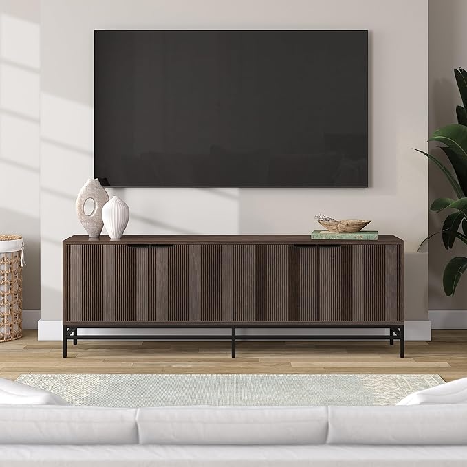 Henn&Hart Fluted TV Stand for TVs up to 78'' with 2 Storage Cabinets and Adjustable Shelves for Living Room, Family Room, or Office, Alder Brown