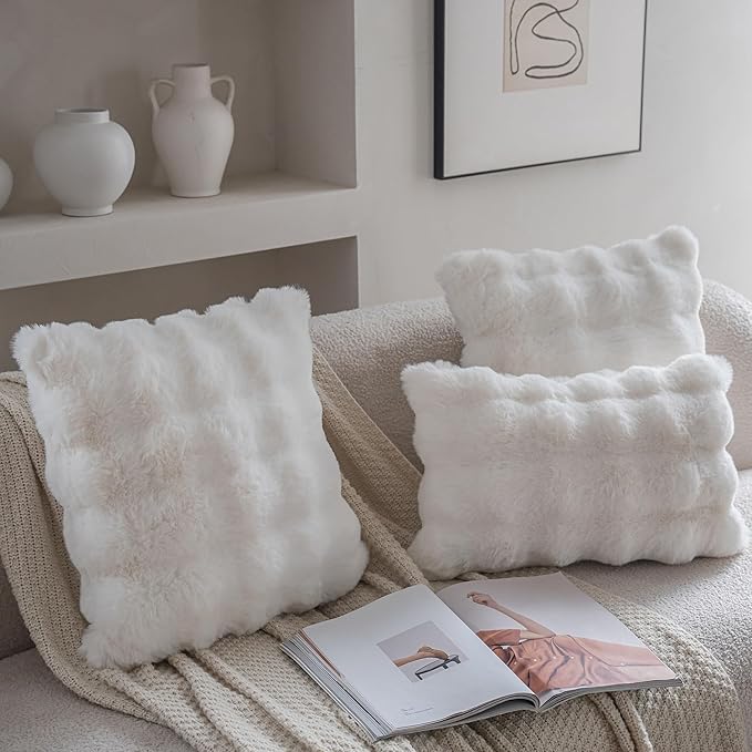 Neelvin Cream White Faux Fur Cozy Soft Double-Sided Decorative Throw Pillow Covers 12x20 inch Set of 2,Velvet Pillowcase Cushion Case for Sofa Couch