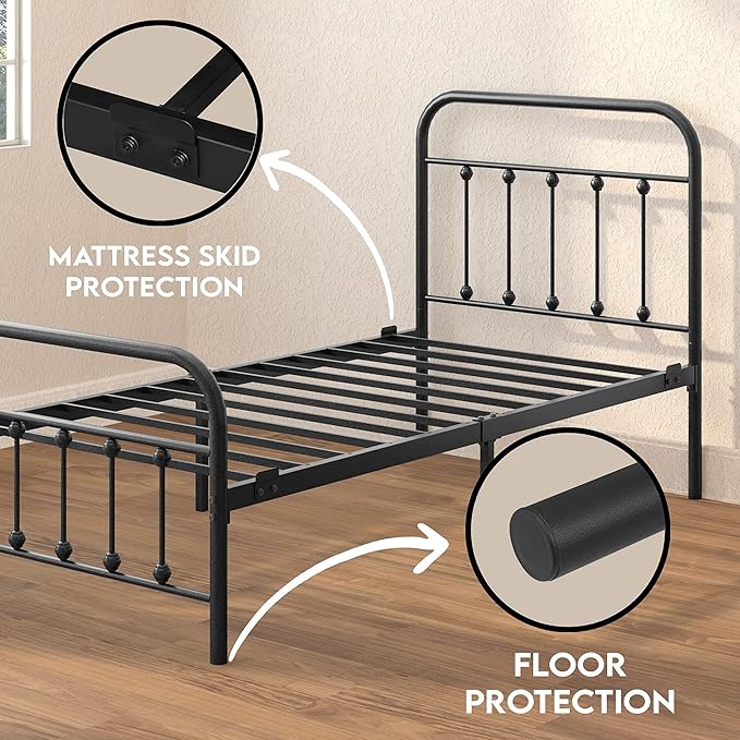 Golden Gate Beds Vintage Wrought Iron Bed Frame with Classic Metal Platform Base, Headboard and Footboard, No Box Spring Needed, Easy Assembly, Mattress Base, Noise-Free, Sleek Black Finish, Twin Size