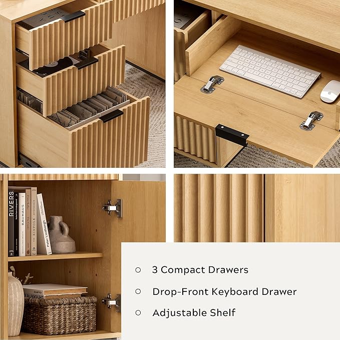 Fluted Executive Desk with File Drawer, 55" Large Computer Desk with Storage and Charging Station, Modern Wooden Home Office Desk for Workspace, Writing, Study, Nautral Oak
