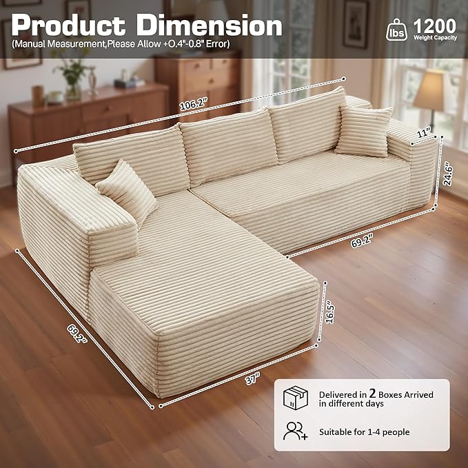 106" Cloud Sectional Couch with Chaise Lounge,L Shaped Modular Modern Sofa,Comfy Corduroy Fluffy Couches with Deep Seat,No Assembly Required Couch for Living Room(Left,Plush Corduroy,Beige)