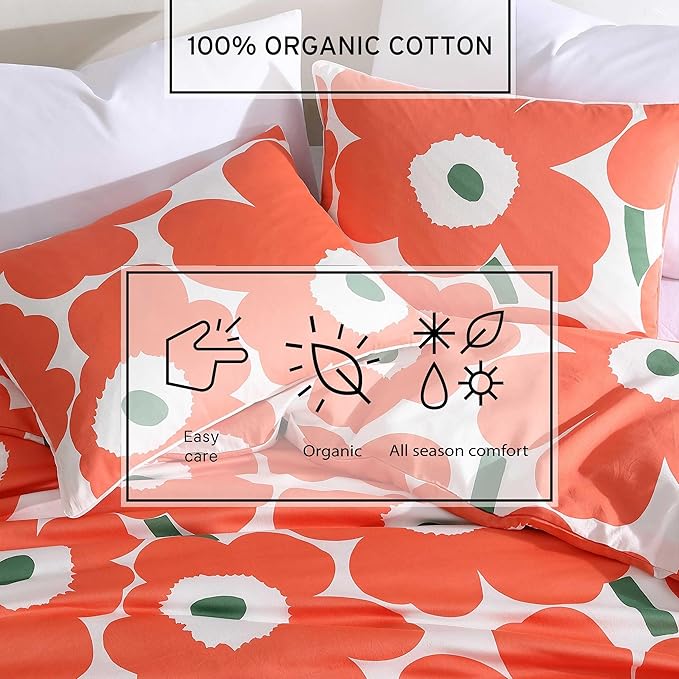 Marimekko - Duvet Cover Set, Super Soft Organic Bedding, Casual Home Decor (Unikko Orange, Full/Queen)
