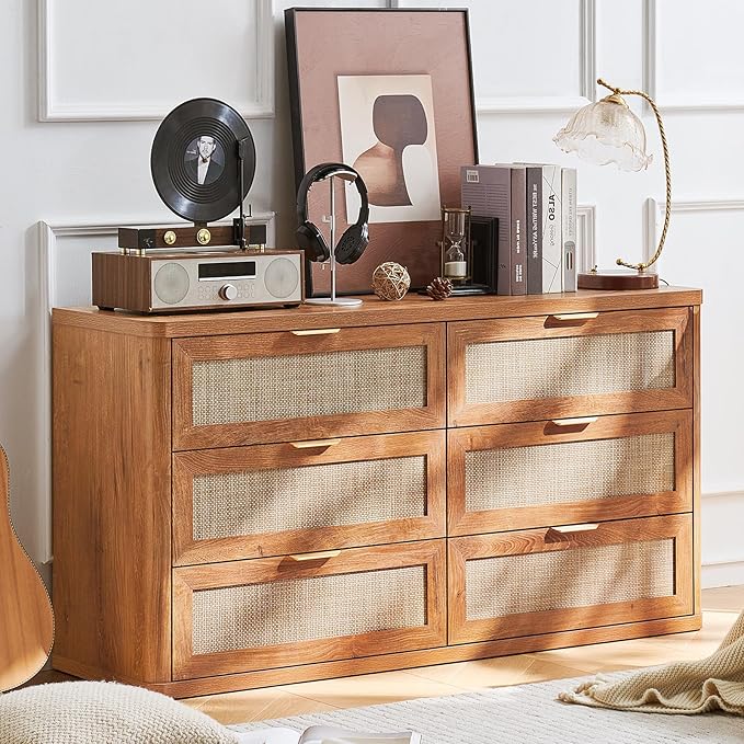 LEYAOYAO Rattan 6 Drawer Dresser for Bedroom, 54" Wide Boho Chest of Drawers, Wooden Dressers TV Stand with Metal Handle, Storage Closet Organizer for Living Room, Hallway, Tea Brown