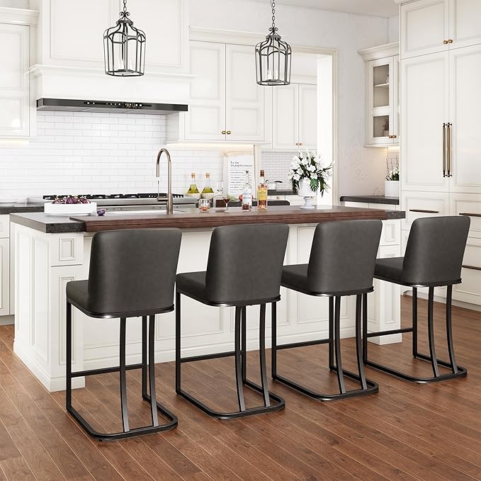 PHI VILLA Dark Grey Bar Stools Set of 3, Faux Leather Counter Height Chairs, Kitchen Stools for Island, 24 Inch Barstools with Back
