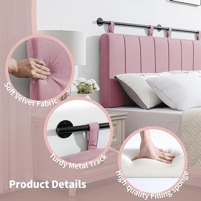 UEV Queen Headboard Only, Wall Mounted Hanging Upholstered Bed Head Board, Modern Vertical Channel Design of Fine Linen, Elegant Pink Fluted Headboard for Bedroom (Pink, Queen Size)