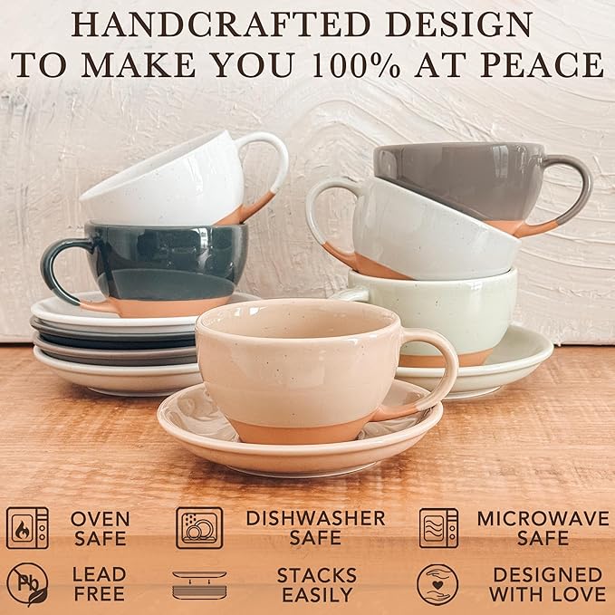 Mora Ceramic Latte Art Mug With Saucer - 10.5 oz, Round Bottom For Perfect Pours - Cafe Cups for Cappuccino, Espresso, Coffee, Tea etc - Porcelain Set for Baristas, Great Gift - Chai Latte