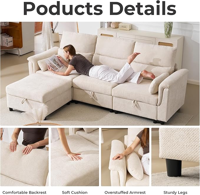 103'' L Shaped Couch, Cloud Modular Sectional Sofa with Storage, Extra Deep Seat, Modern Chenille Sofa with Chaise, Throw Pillows, 4 Seat Convertible Sectional Couches for Living Room, Beige