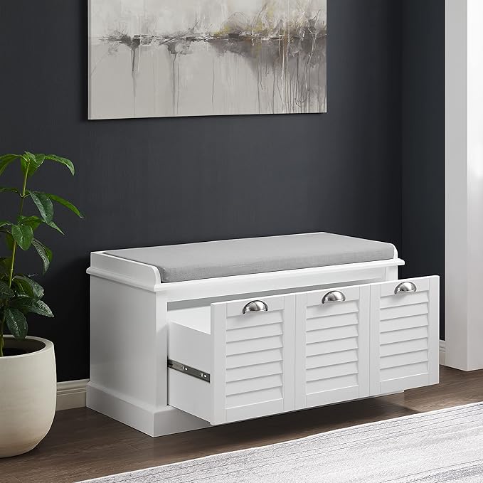 Crosley Furniture Ellison Entryway Storage Bench with Shoe Rack Organizer Drawer, White with Gray Cushion