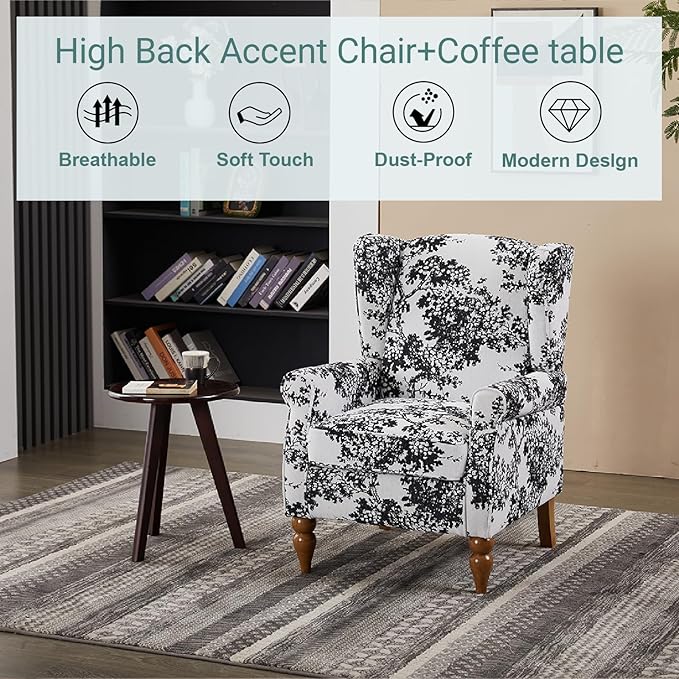 Modern High - Back Accent Chair and Side Table Set - Upholstered Wingback Armchair for Living Room, Bedroom,Office(Floral)
