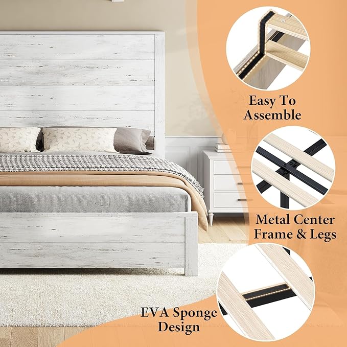 AMERLIFE Full Size 51.2" Wood Bed Frame, Rustic Platform Bed with Spliced Headboard, Wood Slats Support/No Box Spring Needed/Noiseless/Antique White