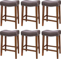 PrimeZone Counter Height Bar Stools Set of 6 - Backless Saddle Barstools with 4.3" Thick Upholstered, Nailhead Trim Faux Leather & Solid Wood Legs, 26 Inch Counter Stools for Kitchen Island, Brown