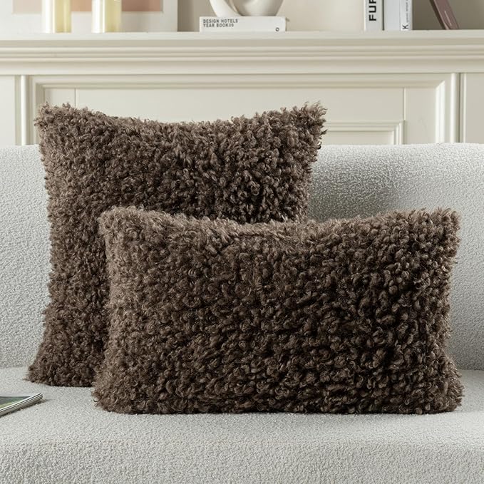 FUTEI Chocolate Decorative Throw Pillow Covers 12x20 Inch Set of 2,Soft Fluffy Faux Wool Fur Boucle Textured Lumbar Pillow Case,Modern Home Decor for Couch Bed Living Room Office