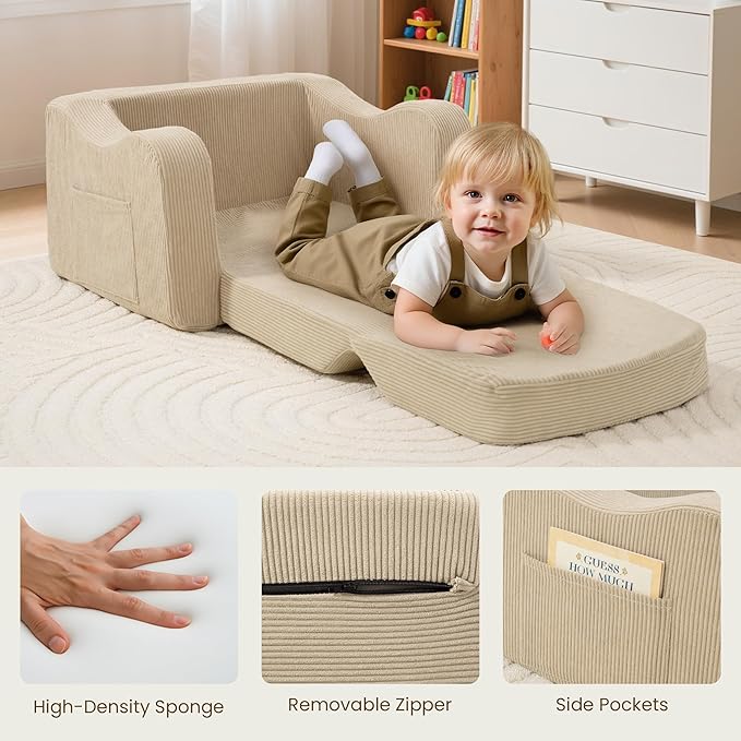 Comfy Toddler Chair for Kids, 2-in-1 Toddler Soft Plush Couch Fold Out, Convertible Kids Couch to Lounger, Baby Sofa for Boys and Girls, Beige