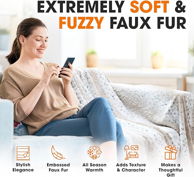 Cheer Collection Embossed Faux Fur Throw Blanket - Ultra Soft Fuzzy Blanket, 60" x 70" - Snow Leopard