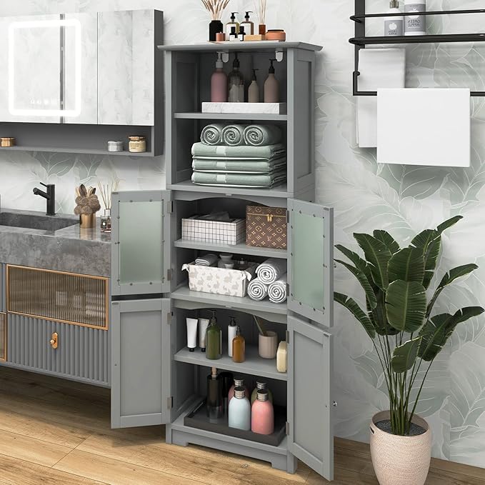 LOKO Tall Bathroom Cabinet, Modern Storage Organizer with Doors & Open Shelves, Wooden Floor Cabinet with Adjustable Shelves for Bathroom, Living Room or Kitchen (Grey)