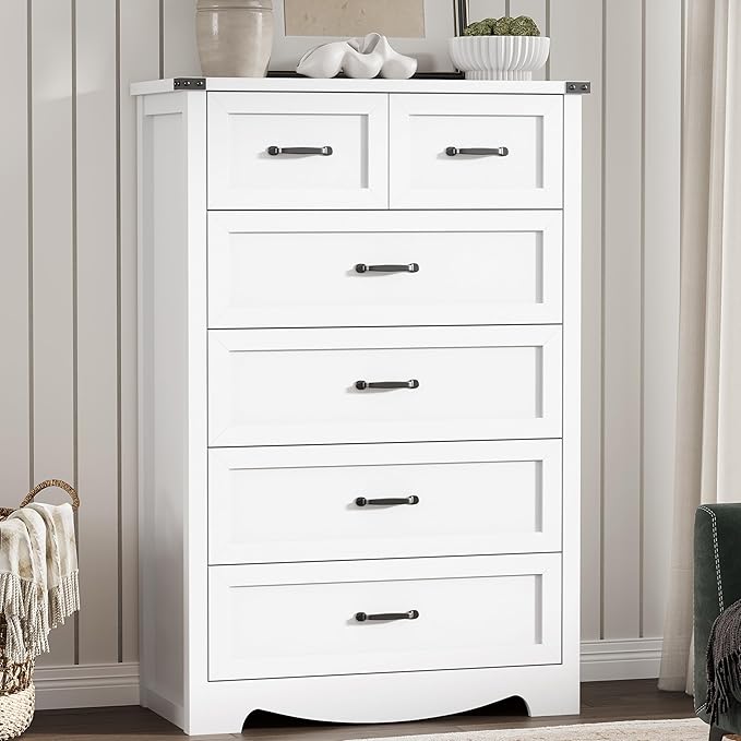 Dresser for Bedroom with 6 Drawers, 49" Tall Wood Chest of Drawers with Deep Drawers & Mental Handle, Modern Dresser TV Stand, Wooden Closet Storage Organizer for Living Room, Hallway, Entryway, White