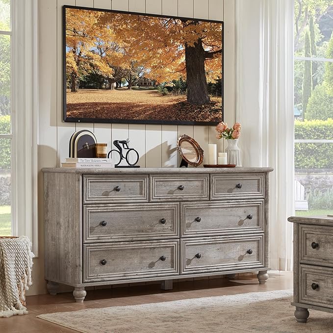Farmhouse Dressers & Night Stand Set of 4, Wood 54" Wide 7 Drawer Dresser & 35" Tall Chest of Drawers, 18" Roman Column Nightstand Set of 2, Bedroom Furniture Dresser Sets for Home Living Room Hallway