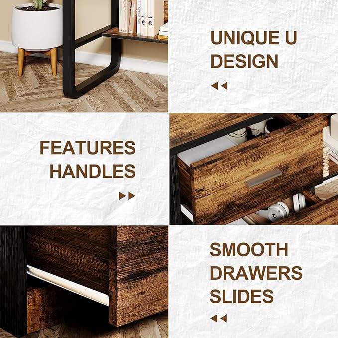 Small Desk with 3 Drawers, 47 Inch Computer Desk with Drawers & Bottom Shelves for Bedroom, Home Office Desk with Storage File Cabinet for Small Spaces, Writing and Work, Black and Brown