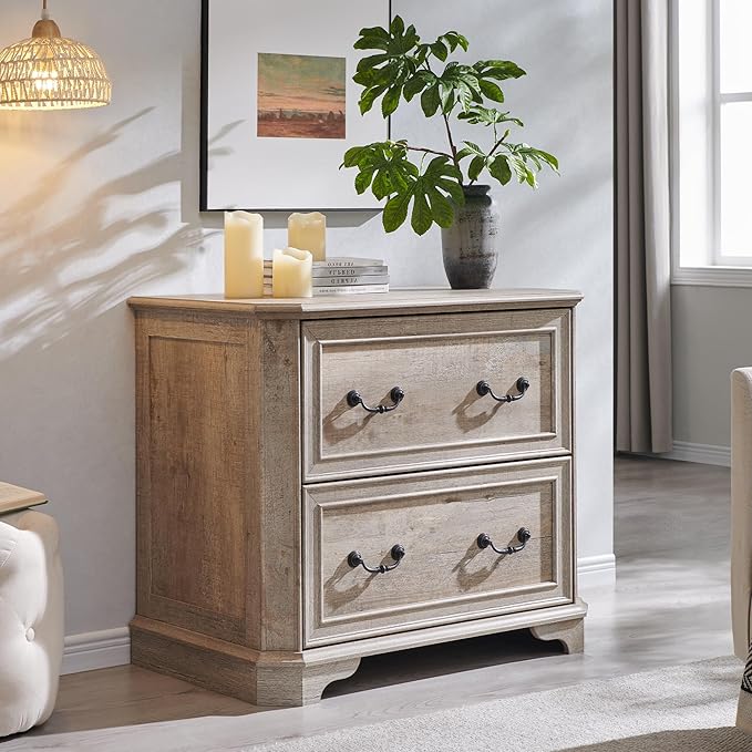 T4TREAM 34" Farmhouse Lateral File Cabinet for Home Office, Large 2-Drawer Wood Filing Cabinet w/Smooth Rails, Fits Letter/Legal Files, Storage Cabinet w/Framed Drawer Front Design, Light Rustic Oak