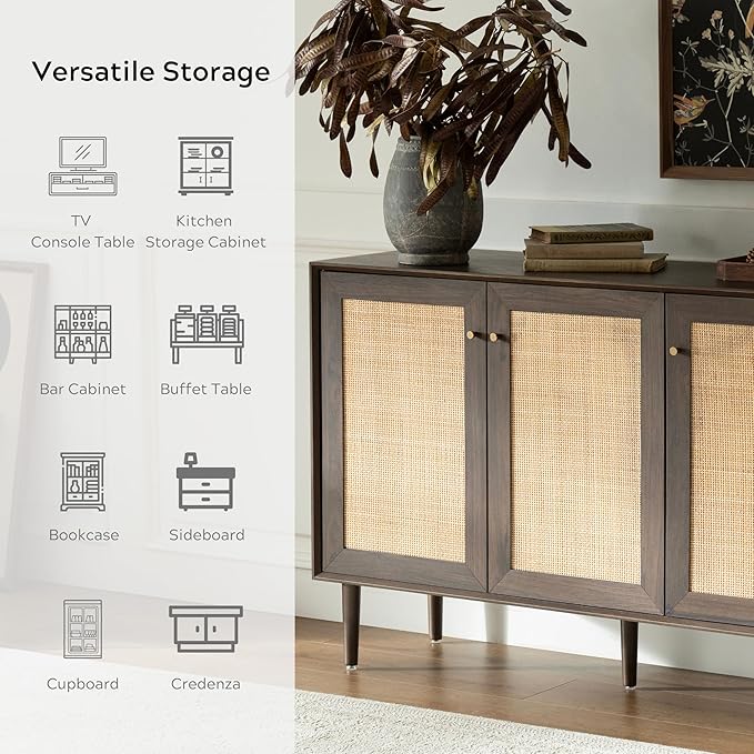 Rattan Storage Cabinet with 3 Doors, Boho Sideboard Buffet Cabinet Solid Wood Farmhouse Credenza Cabinet with Adjustable Shelves for Living Room Kitchen Entryway Hallway, Walnut