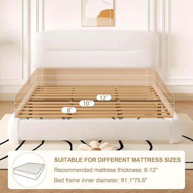 King Size Cloud Bed Frame, Upholstered Boucle Platform Bed with Adjustable Headboard, Anti-Collision Soft Rounded Corners, Noise Free, Easy Assembly, White