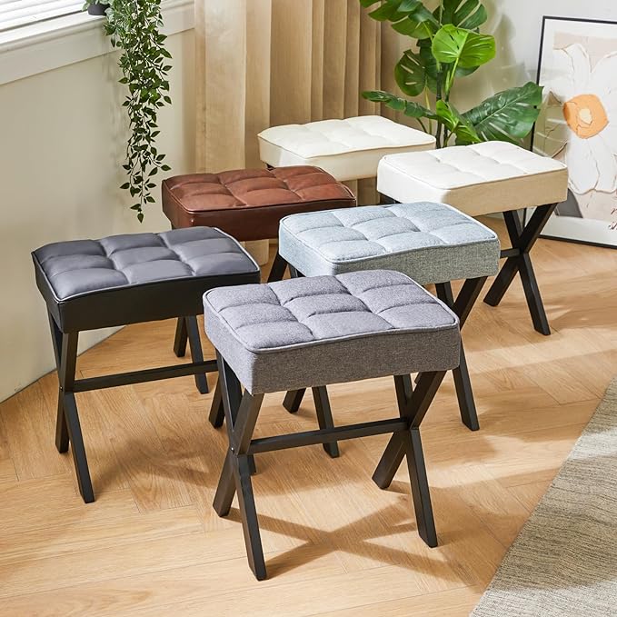 IBUYKE Square Makeup Stool with X-Leg Foot Rest, PU Footrest, Ottoman Seat Vanity Stool, Multi-Use as Small Side Table, for Bedroom, Living Room, White LG-71W