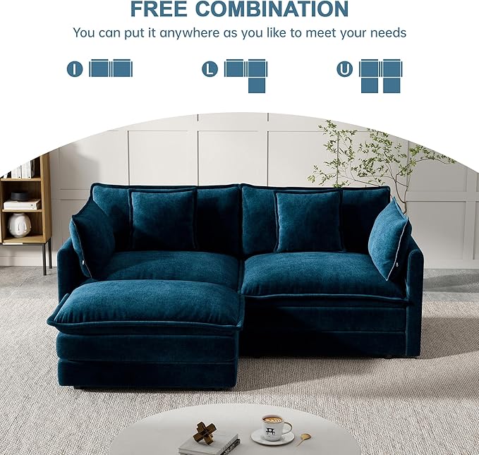 Modular Sectional Sofa, 76.7 Inch L-Shaped Cloud Sofa with Deep Seat Comfortable Chenille Sofa with Cushion Double Sectional Sofa for Living Room Apartment,Blue