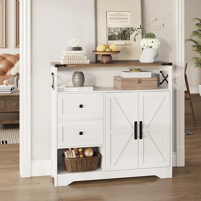 Fameill Farmhouse Storage Cabinet with Drawers and Open Storage,Freestanding Kitchen Pantry with 2 Barn Doors, Floor Cabinet with Adjustable Shelf for Living Room,White