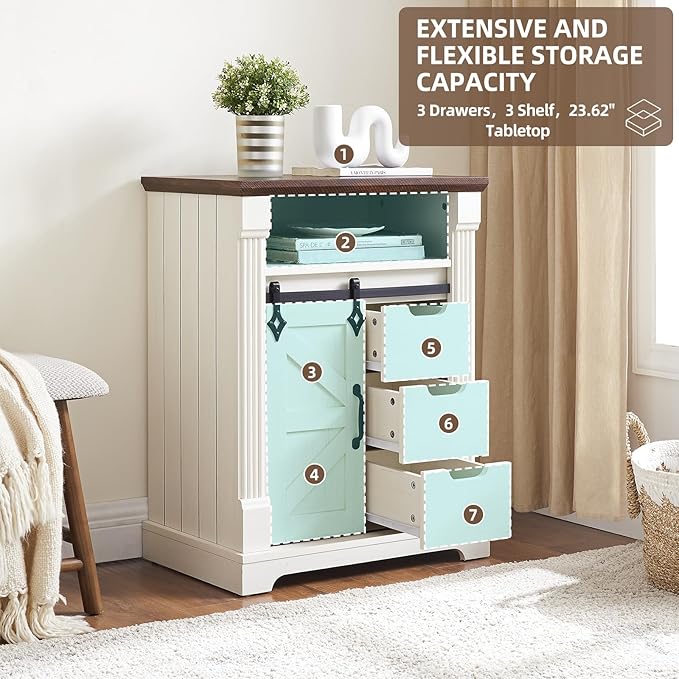 Bathroom Floor Cabinet, Farmhouse Storage Cabinet with Sliding Barn Door, Small Storage Cabinet with Drawer for Bathroom, Kitchen, Living Room, Rustic Style (Antique White)