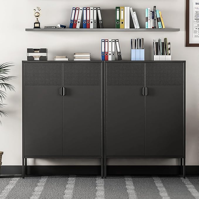 Black Metal Storage Cabinet, Metal Locker Storage Cabinet with Doors and Shelves, 3 Tier Steel Office Storage Cabinet, Metal Sideboard for Home, Office, Kitchen and Coffee Bar