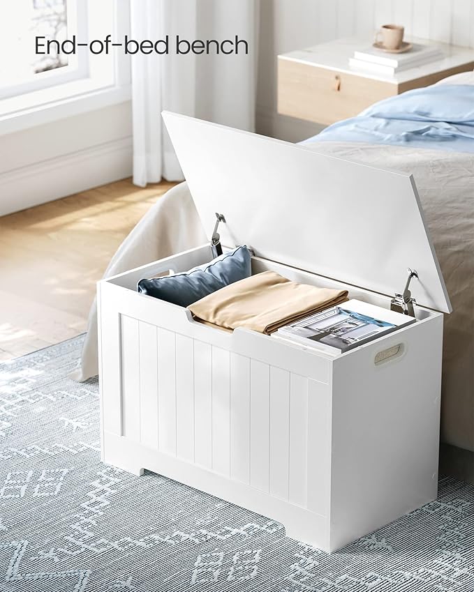 VASAGLE Storage Chest, 29.9 Inches Width Storage Bench, Entryway Bench with 2 Safety Hinges, Shoe Bench, Farmhouse Style, for Entryway, Bedroom, Living Room, Cloud White ULHS11WT