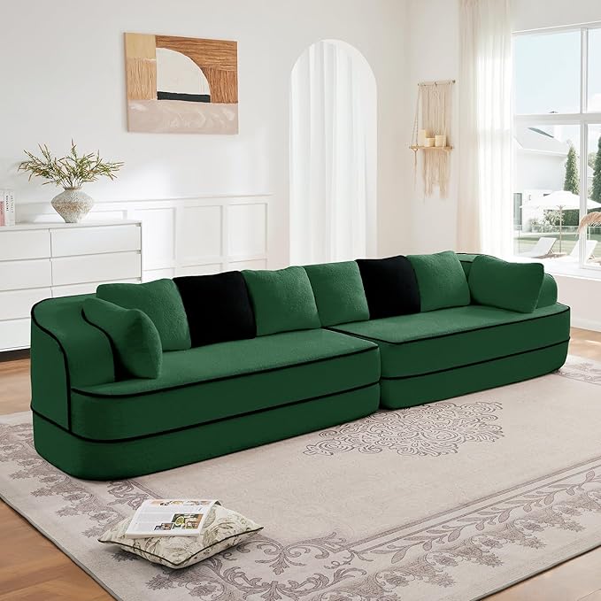 135" Modular Sectional Couch, 4-Seater with Throw Pillows Modern Teddy Fabric Foam Boneless Sofa for Living Room, Oversized with Deep Seat, No Assembly Required,Green