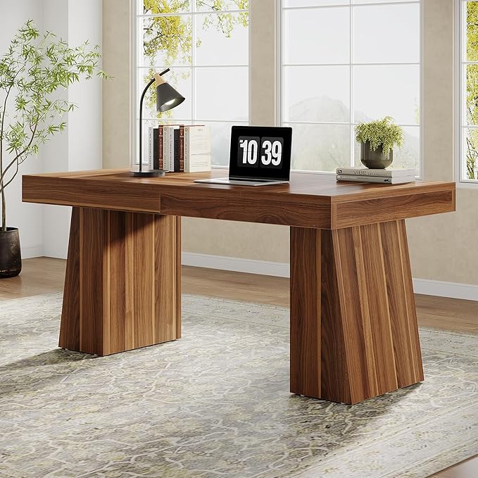 Tribesigns 55" Executive Desk, Wooden Office Desk with Double Pedestal, Modern Simple Computer Writing Table for Home Office, Medium Brown