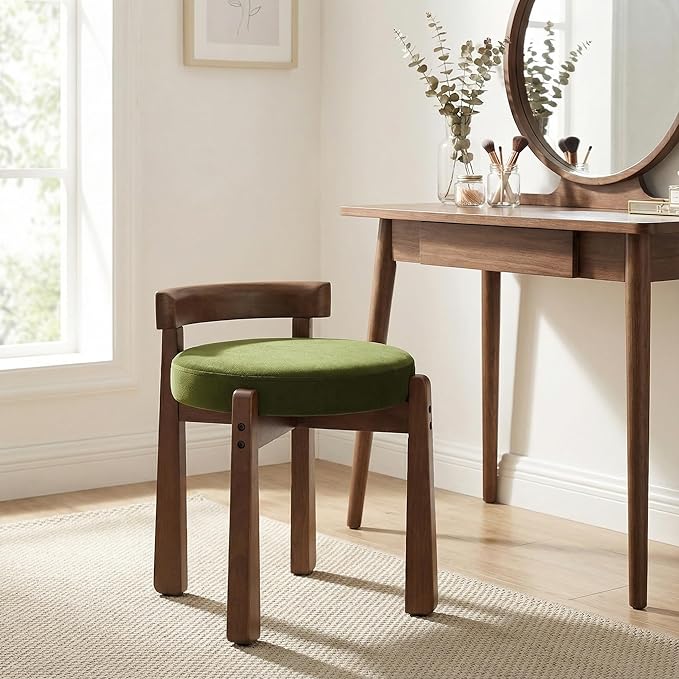 HNY Velvet Makeup Vanity in Vintage Green: Compact Round Ottoman Chair with Wooden Legs, Perfect for Small Spaces Like Entryway, Cloakroom & Boudoir