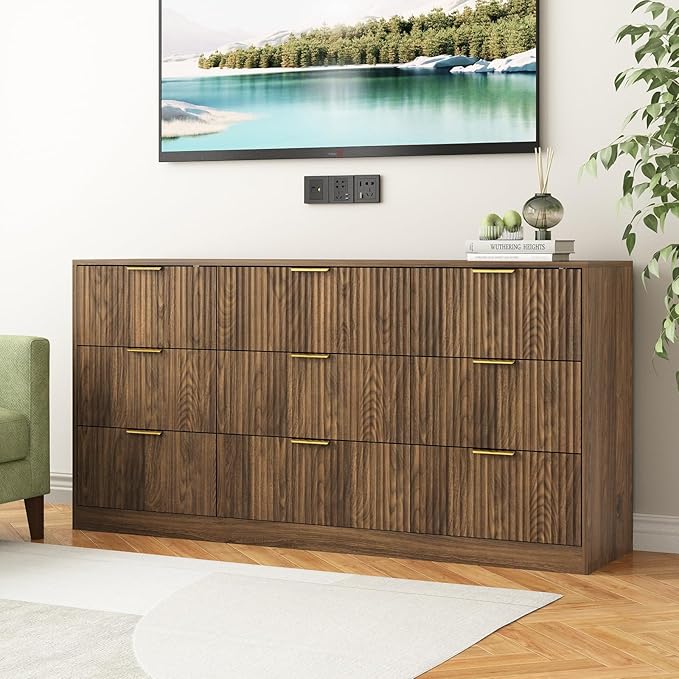 9 Drawer Dresser for Bedroom with Deep Drawers, 63" Wide Wood Dresser, Large Floor Chest of Drawers, Modern Long TV Stand, Mid Century Storage Cabinet Side Table, Natural