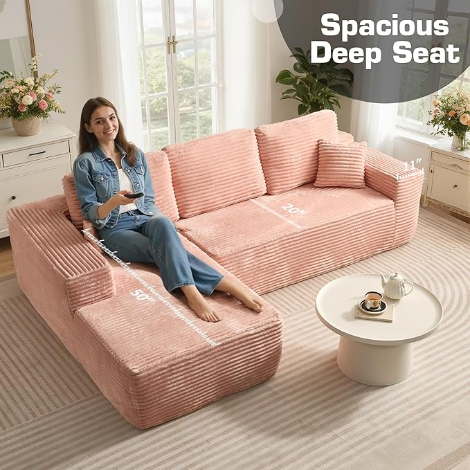 106" Cloud Sectional Couch with L-Shape Chaise, No Assembly Modular Sofa, Deep Seat Plush Corduroy Boneless Couched for Living Room (Pink Plush Corduroy, Left Facing Chaise)