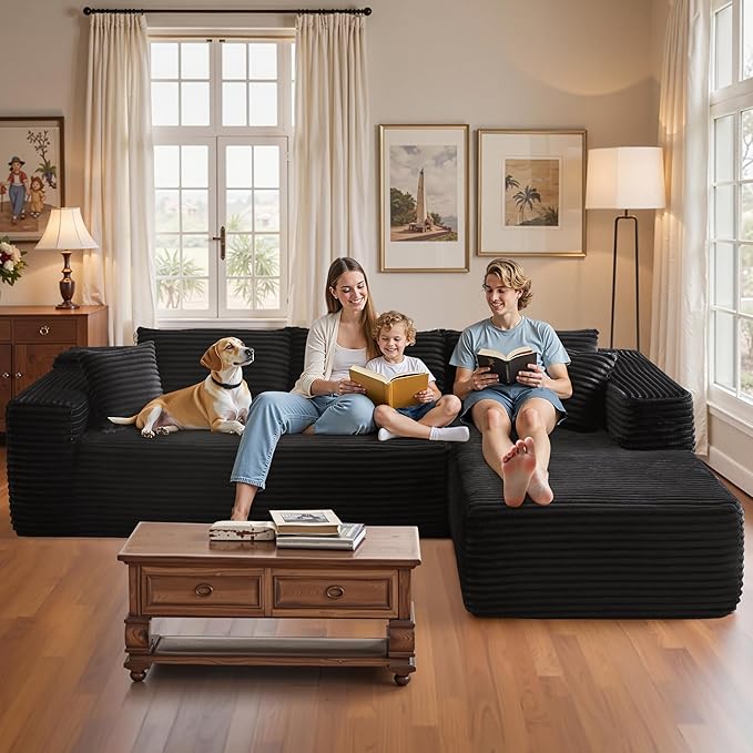 106" Cloud Sectional Couch with Chaise Lounge,L Shaped Modular Modern Sofa,Comfy Corduroy Fluffy Couches with Deep Seat,No Assembly Required Couch for Living Room(Right,Plush Corduroy,Black)
